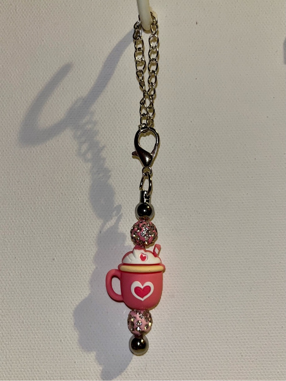 Pink Hot Chocolate/Coffee Mug w/Hearts Cup Charm Featuring Pink Rhinestone Beads